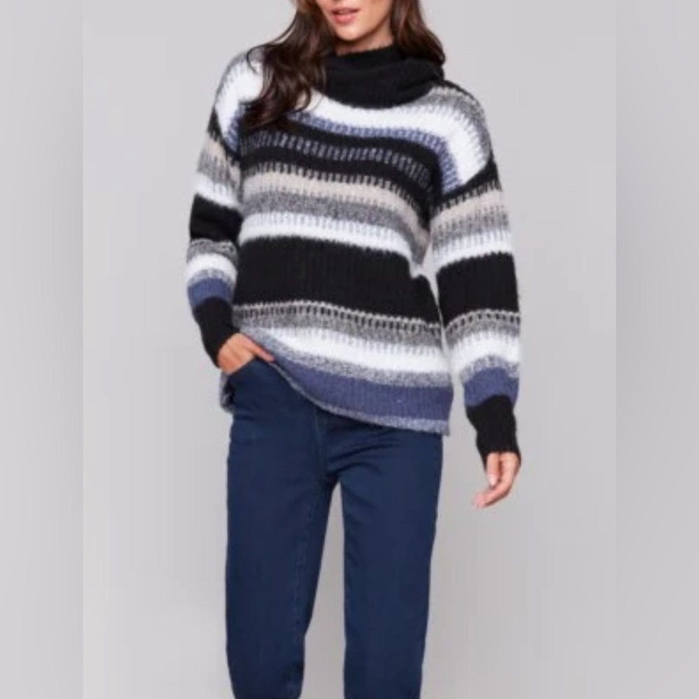 CHARLIE B Women's Marine Navy L/S Cowl Neck Striped Sweater Soft Size Large NEW